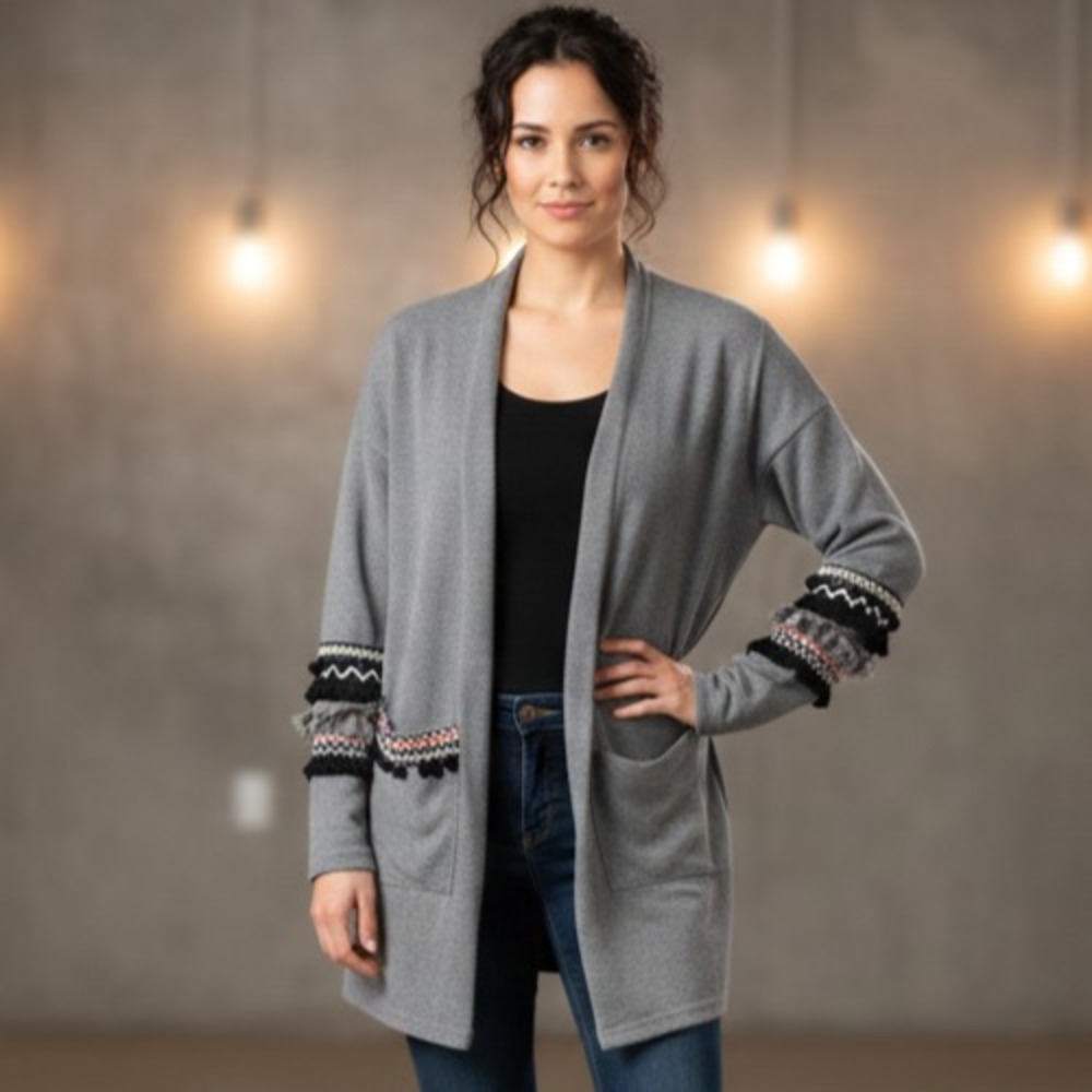 Andthewhy Women's‎ Size Small Gray Raw Fringe Pompom Sleeves Open-Front Cardigan